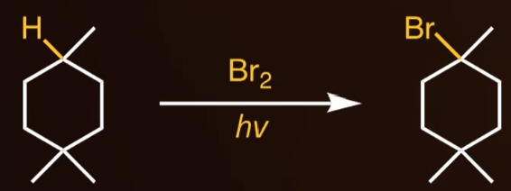 <ul><li><p><span style="background-color: transparent;">The major product is alkyl bromide. Br is attached to the most stable carbon that originally contains a hydrogen due to regioselectivity.</span></p></li><li><p><span style="background-color: transparent;">Reagents: Br<sub>2</sub>, heat/light(hv)</span></p></li><li><p><span style="background-color: transparent;">If a chiral center is made, it makes a racemic mixture</span></p></li></ul><p></p>