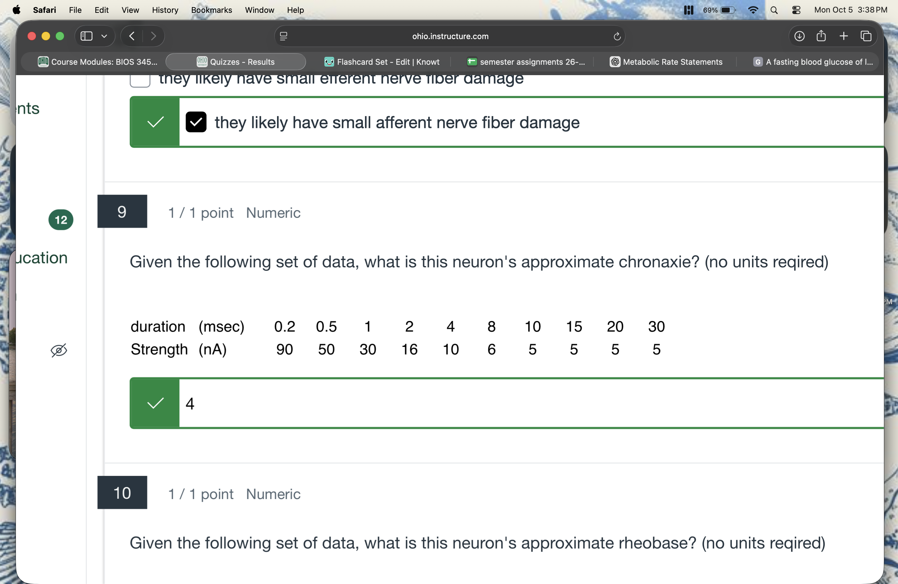 <p><span>Given the following set of data, what is this neuron's approximate chronaxie?</span></p>