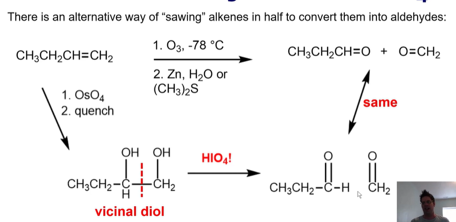 <p>Use of OsO4 to add two sys <strong>OH </strong>groups</p><p>Then you use <strong>HIO4! </strong>to split them and convert them to aldehydes. </p>