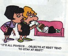 <p>an object at rest stays at rest, and an object in motion stays in motion unless acted on by an unbalanced force</p>