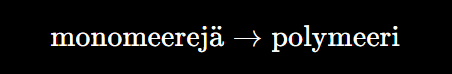 <p><strong>Polymeroitumisreaktio</strong> on kemiallinen reaktio, jossa <strong>pienet molekyylit eli monomeerit liittyvät yhteen muodostaen suuren molekyylin eli polymeerin</strong>.</p>