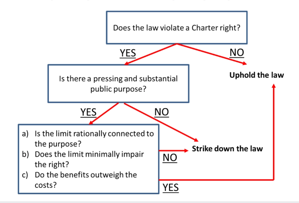 <p>determining when the government is justified in infringing a Charter rights</p>