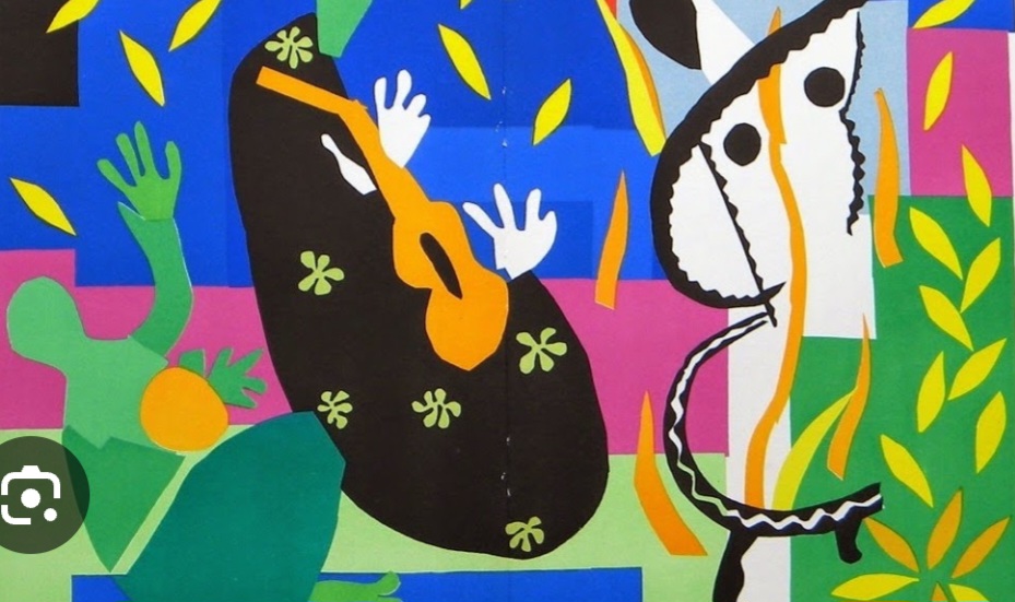 <p>La gouache découpée ou papier découpé.</p><p class="has-focus">Dans son lit, il découpe avec des ciseaux des papiers gouachés que ses assistants placent et collent ensuite aux endroits définis par l’artiste.</p><p class="has-focus">“Au lieu de dessiner le contour et de mettre la couleur à l’intérieur – celle modifiant l’autre – je dessine tout droit dans la couleur.”</p>