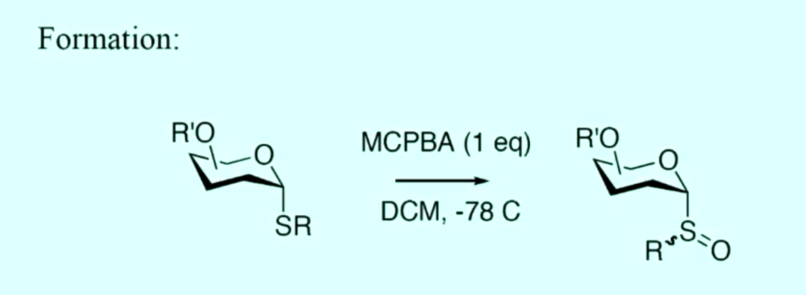 <p>describe the mechanism for the formation of glycosyl sulfoxides with mcpba and the mechanism of activation with Tf2O</p>