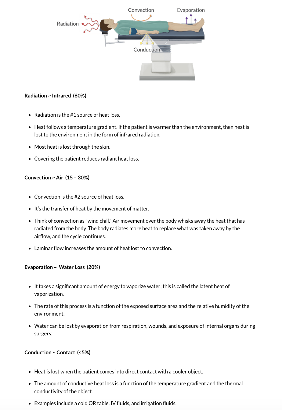 <p>Redistribution of heat from core to vasodilation</p><p>defined as temp <36 C</p><p>age extremes greatest risk of periop hypothermia</p><p style="text-align: left;">*1-1.5 C degree decrease in first hour</p><p style="text-align: left;"><u>Radiation </u>- Loss to environment through radiation - most significant</p><p style="text-align: left;"><u>Convection</u> – Loss to air currents 2nd most significant</p><p style="text-align: left;"><u>Conduction</u> – Loss from physical contact</p><p style="text-align: left;"><u>Evaporation</u> – Loss from transfer of liquid to gas</p>