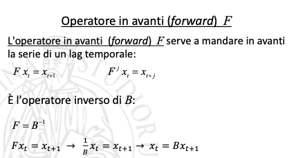 <p><span>L'operatore in avanti (<em>forward</em>) <em>F </em>serve a mandare in avanti la serie di un lag temporale</span></p><p><span>È l'operatore inverso di <em>B</em></span></p>