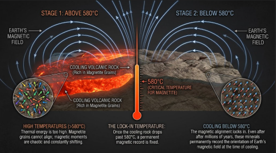<p>What term/concept is being visualized in this image?</p><p>Definition: 580°C for magnetite. Cooling below this locks in magnetic alignment (paleomagnetism/remanent magnetism).</p>
