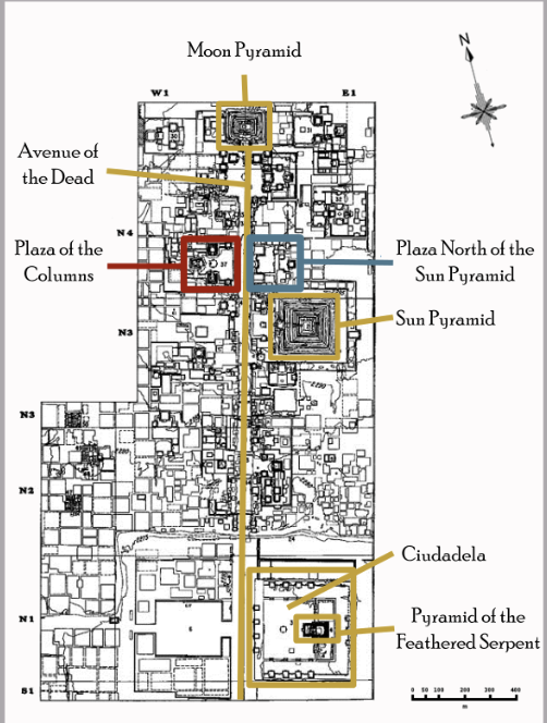 <p>Aerial view of Teotihuacán (looking south), Mexico. Pyramid of the Moon (foreground), Pyramid of the Sun (center left), and the Ciudadela (top left), all connected by the Avenue of the Dead; main structures ca. 50–250 CE, Classic Period: 200-900 CE</p>