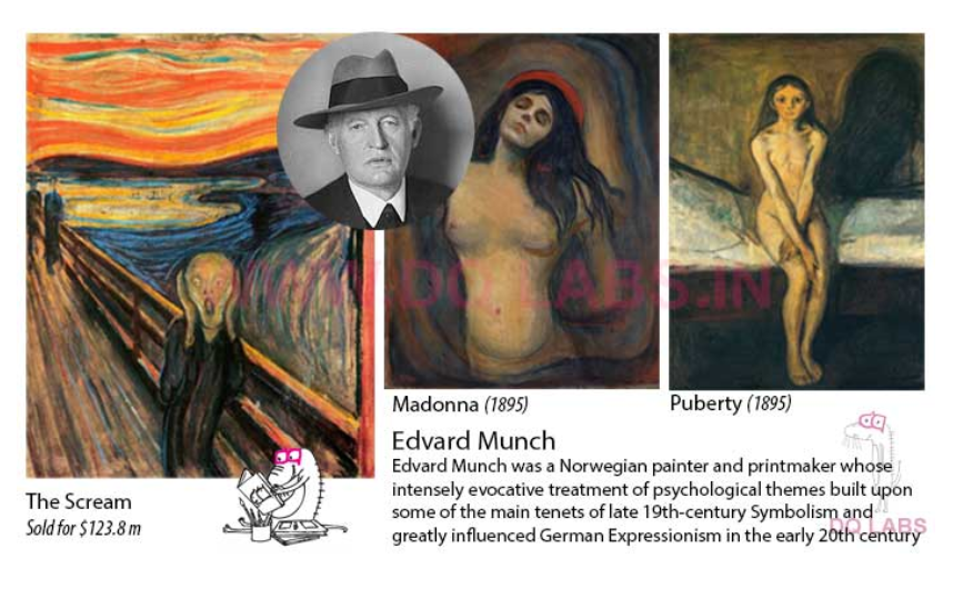 <p>Norwegian painter who painted lots of psychological themes built upon 19th century Symbolism and greatly influenced by German Expressionisn in the early 20th century.<br>Made “The Scream”</p>