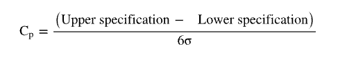 <p>Determines whether a process meets design specifications</p><ul><li><p>A <u>capable</u> process must have a C<sub>p</sub> of <strong>at least 1.0</strong></p></li><li><p>Does not look at how well the process is centered in the specification range</p></li><li><p>Target value of C<sub>p</sub> = <strong>1.33</strong> is used to allow for off-center processes</p></li><li><p>Six sigma quality requires C<sub>p</sub> = <strong>2.0</strong></p></li></ul><p></p>