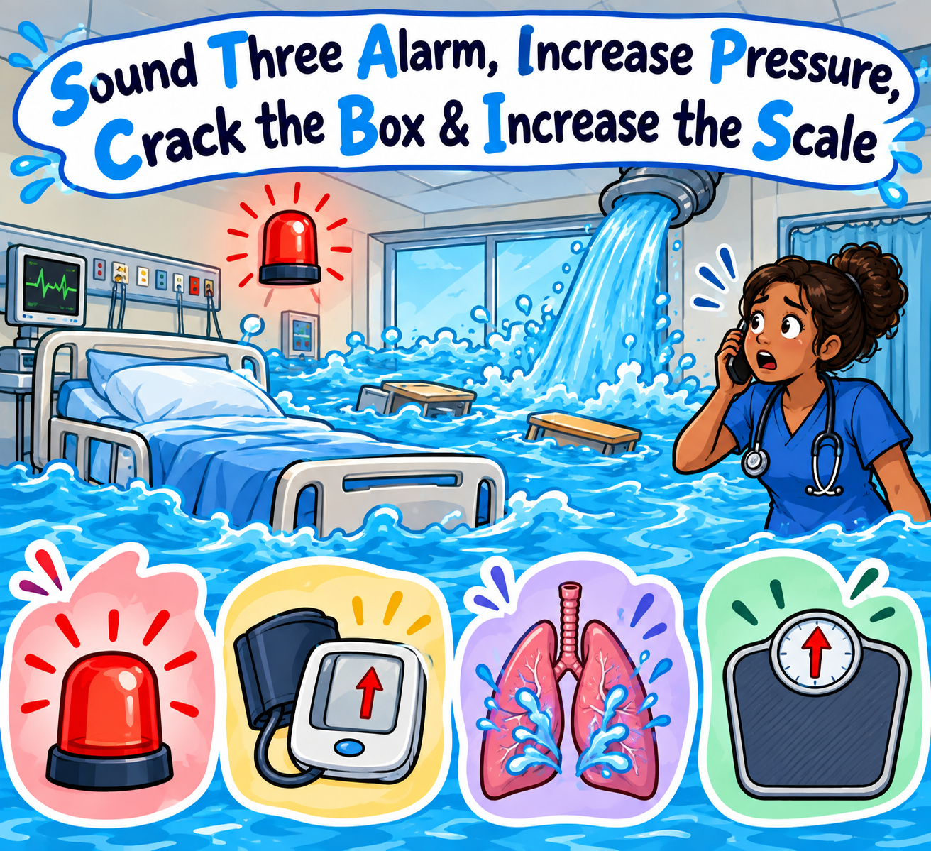 <p>“Sound THREE alarm, CRACK the box, INCREASE the scale, and INCREASE the pressure” </p><p></p><p><strong>is a mnemonic to remember WHAT abt fluids? what do each CAP. word mean?</strong></p>