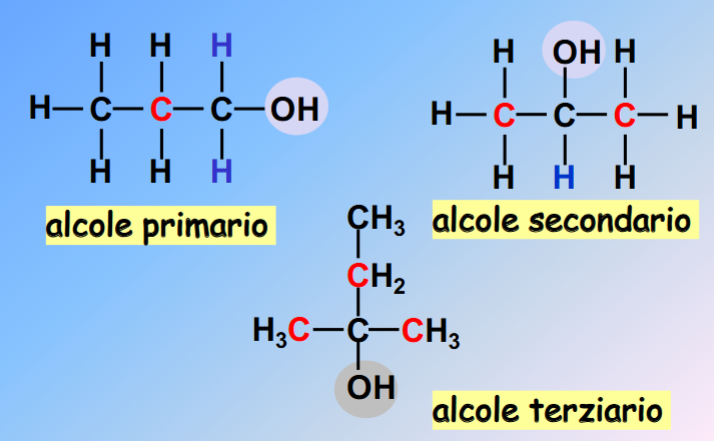 <p>Alcole primario è legato a un carbonio primario, secondario a un carbonio secondario e terziario a un carbonio terziario</p>