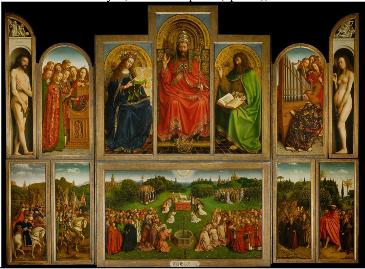 <p>Hubert and Jan van Eyck 1432</p><p>-lamb symbolic of redemption  </p><p>-Top register: God, Mary, and John the Baptist</p><p>-Bottom: worshippers in a detailed landscape</p><p>-Combines theology with everyday-looking reality</p>