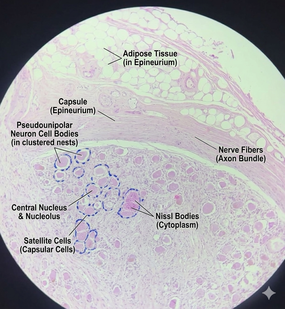 <p>Ganglion spinale - HE</p><p class="ds-markdown-paragraph"><strong>1. The Capsule (The Outer Shell)</strong></p><p>The entire ganglion is enveloped in a thick layer of dense irregular connective tissue called the <strong>epineurium</strong> (or simply the capsule). You will often see small blood vessels and adipose tissue surrounding it.</p><p><strong>2. Pseudounipolar Neurons (aka ganglion cells)</strong></p><p>The most striking feature of a spinal ganglion slide is the collection of <strong>pseudounipolar sensory neurons</strong>.</p><ul><li><p><strong>Location:</strong> They are typically arranged in dense clusters or "nests" toward the periphery of the ganglion.</p></li><li><p><strong>Appearance:</strong> These cells are large, spherical, and have a centrally located, pale nucleus with a very prominent, dark "owl’s eye" <strong>nucleolus</strong>.</p></li><li><p><strong>Nissl Bodies:</strong> In H&amp;E stains, the cytoplasm is granular and basophilic (purplish) due to the high density of RER.</p></li></ul><p><strong>3. Satellite Cells (The "Ring")</strong></p><p>Each large neuron is surrounded by a neat ring of small, flat cells called <strong>satellite cells</strong> (or capsular cells).</p><ul><li><p><strong>Function:</strong> They provide structural and metabolic support to the neuron.</p></li><li><p><strong>Identification:</strong> Look for a "halo" of tiny, dark nuclei hugging the perimeter of the large neuronal cell body.</p></li></ul><p><strong>4. Nerve Fiber Bundles</strong></p><p>In the center of the ganglion, you will see bundles of nerve fibers (axons) passing through.</p><ul><li><p>In <strong>H&amp;E</strong>, these look like wavy, pink longitudinal streaks.</p></li><li><p>In <strong>AgNO3</strong>, these look like dark brown or black threads.</p></li></ul><p></p>