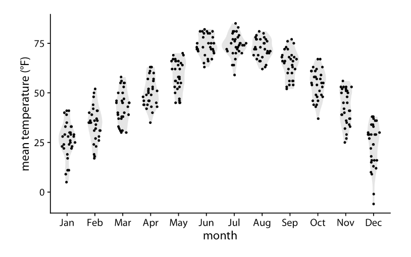 <p>Hybrid between violin plot and jittered points</p>