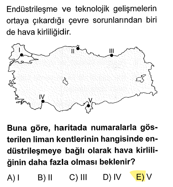 <p>V numaralı bölge İskenderun’dur. Burada devasa Demir-Çelik fabrikaları bulunur. Sanayi çok olduğu için hava kirliliği de en fazladır.</p>