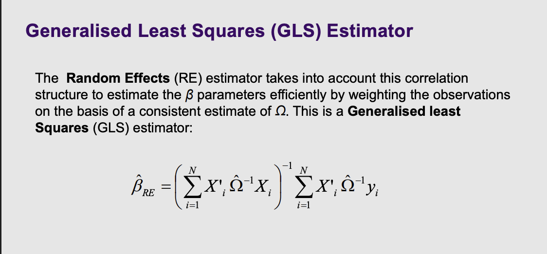 <p><span style="line-height: 1.15;"><strong>Generalised Least Squares (GLS)</strong> is the mathematical upgrade that fixes this exact problem </span><span>.</span></p><p>Think of GLS as a smart detective who recognizes when witnesses are just repeating each other.</p><ul><li><p><span style="line-height: 1.15;">Instead of treating all data points equally, the GLS estimator looks at that massive correlation matrix ($\Omega$)</span><span>.</span></p><p></p></li><li><p>It realizes, <em>"Ah, these 5 data points all came from John. They share the exact same underlying 'DNA' (</em><span><em>$\alpha_i$</em></span><em>). Therefore, I shouldn't count them as 5 completely independent pieces of evidence."</em></p></li><li><p><span style="line-height: 1.15;">The GLS formula then mathematically <strong>weights</strong> the observations</span><span>. It basically downgrades the mathematical importance of redundant data points from the same person, and upgrades data points that bring truly new, independent information.</span></p></li></ul><p></p>