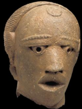 <ul><li><p>Nok terracotta head</p></li><li><p>texture is rough because the slip (water/clay mixture), which makes it smooth, was not fired, thus not permanent and gets rubbed off</p></li><li><p>features:</p><ul><li><p>cylindrical, spherical, or conical heads</p></li><li><p>bold, simplified, and stylized features</p></li><li><p>eyes are deep, round holes (perforated pupils) with inverted triangular or circular eyelids</p></li><li><p>wide perforated nostrils</p></li><li><p>open mouth rarely show teeth</p></li><li><p>open areas worked as vents during the firing process</p></li><li><p>smooth round lines</p></li><li><p>elaborate hair</p></li><li><p>ears placed in unusual positions at the side of the head</p></li></ul></li><li><p>heads were part of a full or partial figure:</p><ul><li><p>head is important: seat of the spirit or soul</p></li><li><p>originally though they represent and or sit on an altar</p></li><li><p>theories include ancestor portrayal, grave markers, and charms to prevent crop failure, infertility, and illness</p></li></ul></li></ul><p></p>