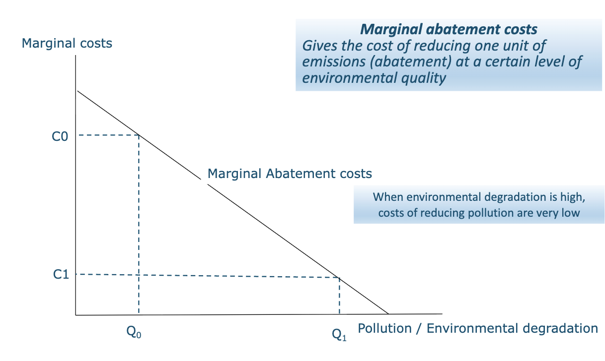 <ul><li><p>function: gives the cost of reducing one unit of emissions (abatement) at a certain level of environmental quality</p></li><li><p>when environmental degradation is high, costs of reducing pollution are very low</p></li></ul><p></p>