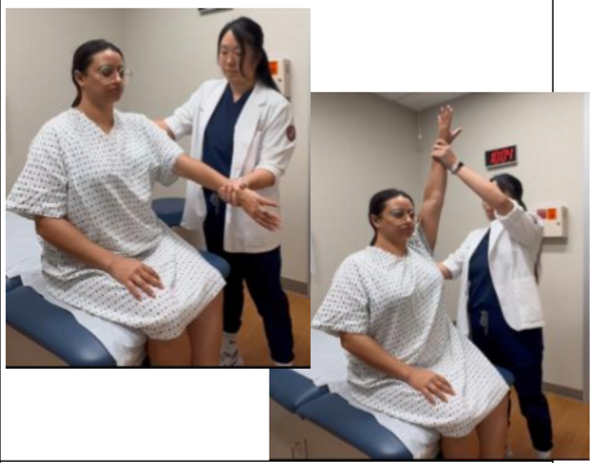 <ul><li><p><strong>You: </strong>one hand on scapula, other on forearm</p><ul><li><p>internally rotate forearm (thumb down)</p></li><li><p>flex shoulder</p></li><li><p>position hand over head</p></li><li><p>ask pain?</p></li></ul></li></ul><p></p><p><strong>Positive test: </strong>Rotator cuff (subacromial impingement or tendinitis)</p><ul><li><p>Pain provocation test</p></li></ul><p></p>