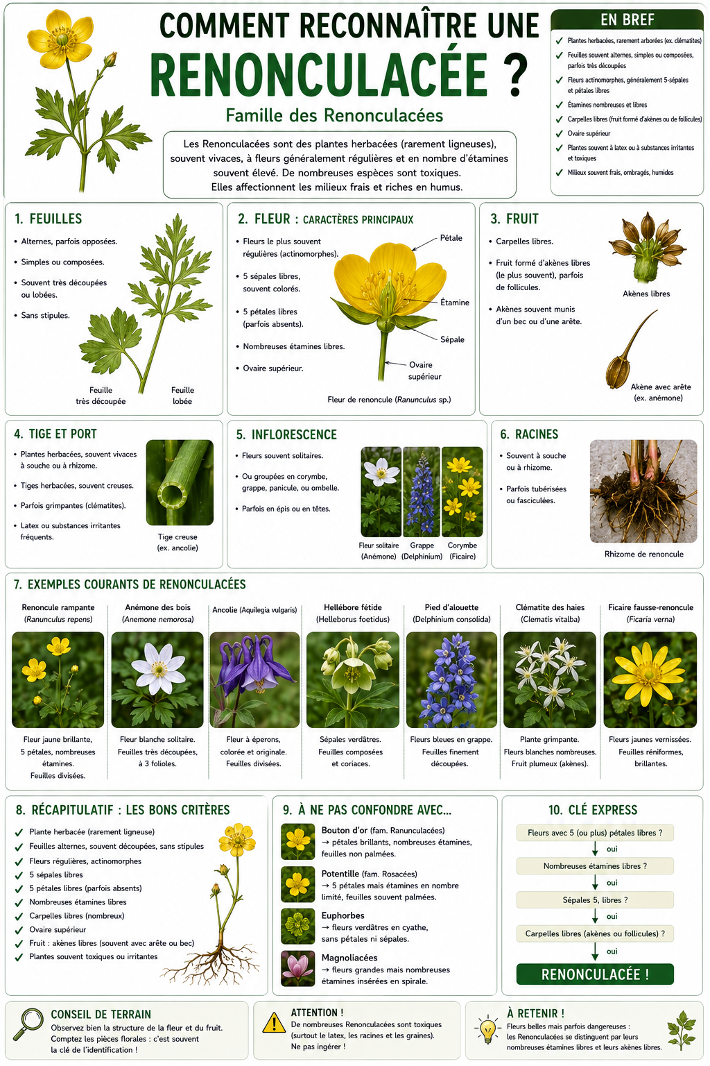<p>Les Ranunculaceae sont très variées mais présentent une structure florale typique. Les feuilles sont souvent très découpées, sans stipules, et la plante peut être toxique (alcaloïdes).</p><p>Les fleurs sont souvent à symétrie radiale, avec un périanthe peu différencié (tépales) et surtout un caractère fondamental :</p><ul><li><p>les carpelles sont libres (apocarpie)</p></li><li><p>les étamines sont nombreuses</p></li></ul><p>Les pétales peuvent être absents ou variables. L’ovaire est supère.</p><p>Les fruits sont souvent des akènes multiples.</p><p>Résumé : beaucoup d’étamines + carpelles libres + feuilles découpées = Ranunculaceae.</p>