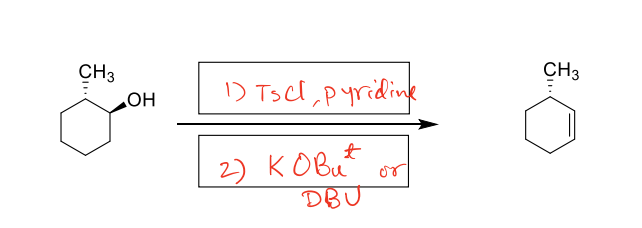 <p>-Tosylation of alcohol then E2 Reaction </p><p>-get rids of OH for alkene </p>