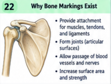 <p>They form joint surfaces, provide attachment sites for muscles and ligaments, or accommodate nerves, vessels, and other tissues. Growth and mechanical loading help shape attachment markings.</p>