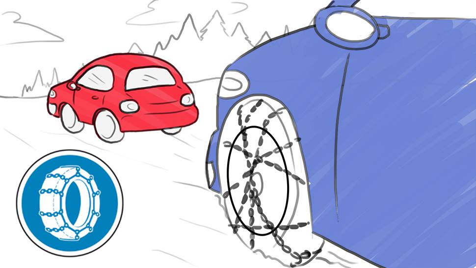 <p><strong>Panneau d'obligation</strong><span> qui contraint à mettre des chaînes sur les roues motrices</span></p>