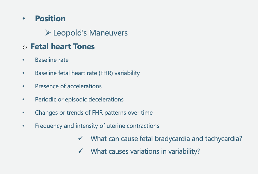<p><strong>Baseline Fetal Heart Rate (FHR):</strong></p><p>The baseline FHR is the heart rate during a 10-minute segment rounded to the nearest 5 beat per minute increment excluding periods of marked FHR variability, periodic or episodic changes, and segments of baseline that differ by more than  25 beats per minute.</p><p>The minimum baseline duration must be at least 2 minutes.  If minimum baseline duration is < 2-minutes, then the baseline is indeterminate.</p><p>Bradycardia :Mean FHR < 110 BPM</p><p>A rate of 100-119 BPM in the absence of other non reassuring patterns is not usually a sign of compromise</p><p>Etiologies: Heart block (little or no  variability), occiput posterior or transverse position, serious fetal compromise.</p><p>Tachycardia: Mean FHR>160 BPM</p><p>In the presence of good variability tachycardia is not a sign of fetal distress</p><p>Etiologies: Maternal fever, fetal hypoxia, fetal anemia, amnionitis, fetal tachyarrhythmia (usually > 200 BPM with abrupt onset little to no variability) SVT (200-240 BPM), fetal heart failure, drugs (beta sympathomimetics, vistaril, phenothiazines) , rebound ( transient tachycardia following a deceleration accompanied by decreased variability) </p><p>Baseline change: The decrease or increase in heart rate lasts for longer than 10 minutes.</p><p>Etiologies of decreased variability: Fetal metabolic acidosis, CNS depressants, fetal sleep cycles, congenital anomalies, prematurity, fetal tachycardia, pre-existing neurologic abnormality, and betamethasone.</p><p></p>