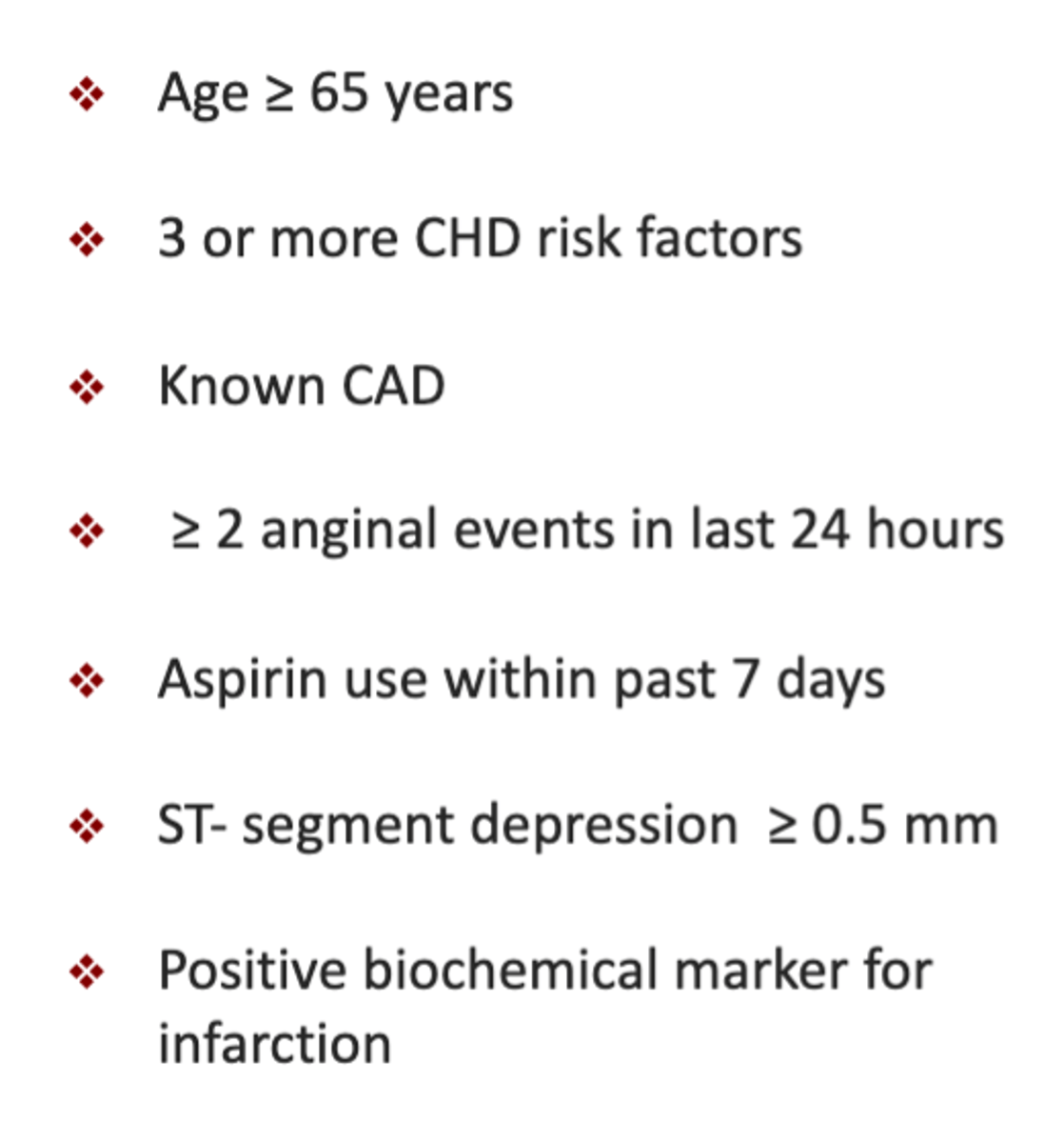 <p>• 1 point for each risk factor</p><p>• Score ranges from 0-7</p><p>• Low risk : 0-2 points (ISCHEMIA GUIDED)</p><p>• Intermediate risk: 3-4 points</p><p>• High risk: ≥ 5 points (EARLY INVASIVE) </p>