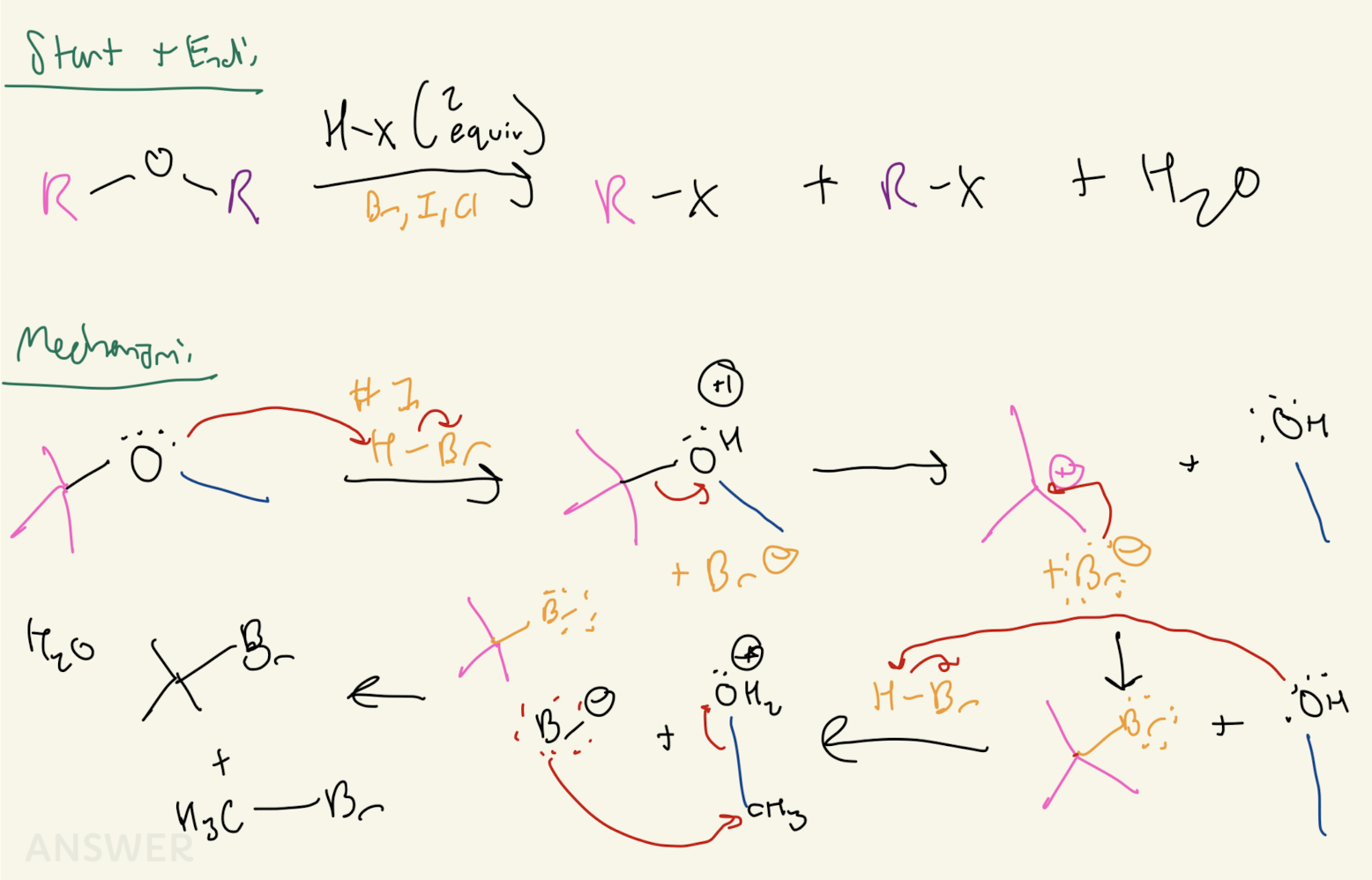 <p></p><p><strong>KEEP OH on the least substituted R and (X = Br, Cl, I) on most substituted R for 3° carbocation forms</strong></p><p><strong>If none, then KEEP OH on most substituted R and (X = Br, Cl, I) on least substitued R for methyl or 1° least hindered</strong></p><p></p><p>Form carbocation 1st , if possible.</p><p>• If only 1° and/or methyl, then least hindered is attacked 1st </p><p></p><p>The first H-X attacks and protonates the MOST STABLE substituent which is 3°!</p><p>If there is no 3°, then protonate the LEAST susbtituent R group of the ether….EVEN IF you have a scenario with a 2° and a 1° R group,…. choose the 1° R group first to protoante using the H-X</p><p></p><p>NOTE: if there is a Phenoyl benzene ring with double bond resonance, KEEP IN THE ETHER!! H-X does not protonate sp2 hybridized carbons only sp3 hybridized carbons yoooo.</p>