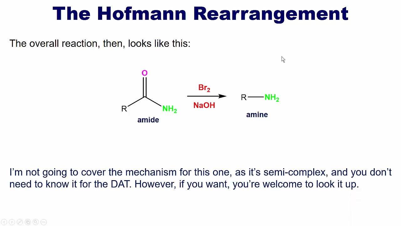 <p>it reduces an amide to an amine, but it removes the C=O carbon </p><p>Br2 and NaOH</p>