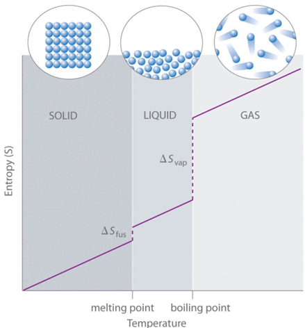 <p>Entropy (∆S) is the measure of disorder of a system / JK<sup>-1</sup>mol<sup>-1</sup>. The more disordered a substance is, the greater its entropy value. Entropy increases as temperature increases because the particles gain energy and move further apart (Less ordered). This means that gases have the greatest entropy.</p><p>When a substance melts or vibrates, it increases in entropy. The entropy change of vaporisation is much greater than of fusion as a gas is much more distorted than a liquid or solid.</p><p><span>∆S<sub>total</sub> = </span>∆S<sub>products</sub> - ∆S<sub>reactants</sub></p><p>As all things tend towards a state of disorder, all spontaneous reactions have a positive entropy value.</p>