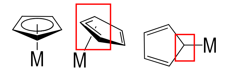 <p>How many electrons do the following cyclopentadienyl orientations donate?</p>