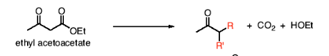 <p>-COOEt is replaced by the R from alkyl halide.</p><p><span>This method is very useful for preparing methyl ketones. (if you need any R group off of a ketone)</span></p><p><span>One hydrogen in between the carbonyls is removed, then the carbon bonds to the alkyl group, forms a new C-C bond, and -COOEt leaves.</span></p>