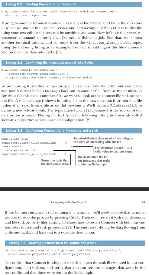 <p>Kafka Connect allows for an incremental migration to streaming by enabling you to bridge external data sources to Kafka without writing custom producer/consumer code. You can test your streaming architecture by streaming a single database table or file while keeping existing applications running. Using <strong>Standalone Mode</strong>, you can validate data flow by configuring source and sink connectors through property files rather than application code.</p><ul><li><p><strong>Core Concept:</strong> Use Connect to "kick the tires" on Kafka by running it in parallel with legacy systems.</p></li><li><p><strong>Standalone Mode:</strong> The ideal environment for local testing and validation before scaling.</p></li><li><p><strong>Configuration Workflow:</strong></p><ul><li><p><strong>Source:</strong> Define a <code>.properties</code> file (e.g., <code>alert-source.properties</code>) using the <code>FileStreamSource</code> class to ingest data into a Kafka topic.</p></li><li><p><strong>Sink:</strong> Define a <code>.properties</code> file (e.g., <code>alert-sink.properties</code>) using the <code>FileStreamSink</code> class to export data back out to a destination.</p></li></ul></li><li><p><strong>Execution:</strong> Run via terminal command: <code>bin/connect-standalone.sh config/connect-standalone.properties source.properties sink.properties</code></p></li><li><p><strong>Verification:</strong> Use <code>kafka-console-consumer</code> to confirm that data ingested from the source file successfully reaches the Kafka topic and is written to the sink file.</p></li><li><p><strong>Risk Mitigation:</strong> By starting with one table or file, you validate the technology and gain familiarity without requiring a risky, "big-bang" full-system migration.</p></li></ul><img src="https://assets.knowt.com/user-attachments/21c993e1-b3e7-482d-a92f-d14778d64d11.png" data-width="75%" data-align="center" alt="knowt flashcard image"><p></p><p></p>