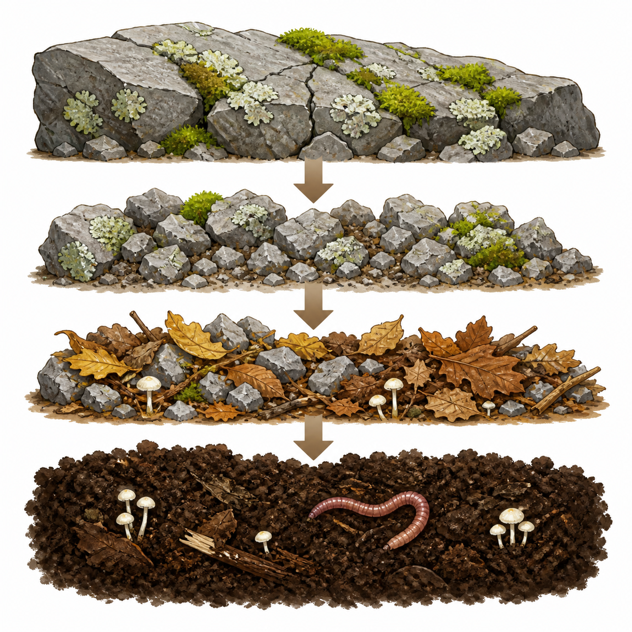 <p>The material formed when lichens, mosses, and rocks are broken down by decomposers.</p>