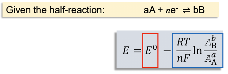 <p>the nernst equation describes the net driving force for a redox. what do the red and blue components represent?</p>
