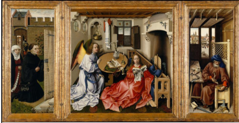 <p>Robert Campin, 1425 </p><p>-how everyday settings and style was represented in religious art </p><p>-The rise of Northern Renaissance realism and oil painting</p>