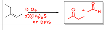<p>1) O3, 2) (CH3)2S or DMS, neither regioselective, neither stereoselective, no rearrangement (cleaves double bond entirely to ketones and aldehydes)</p>