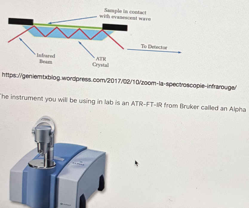 <p>we use Attenuated total reflection FT-IR</p><p>ATR measures the changes that occur in an internally reflected IR beam when it comes into contact with a sample.</p><p>The internal reflectance creates an evanescent wave that extends beyond the surface of the crystal into the sample held in contact with the crystal.</p>