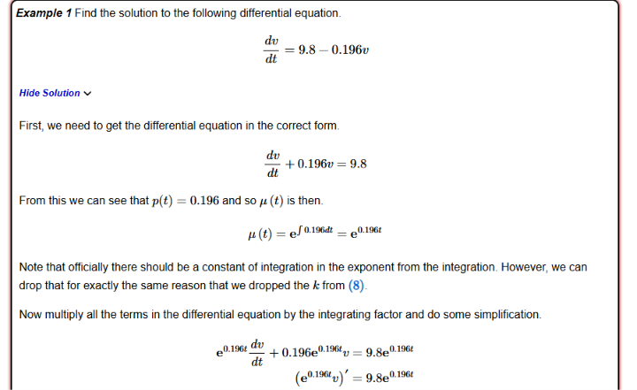 <p>Notice how the expression is reduced to a single differential inside the parantheses; from there, we integrate as necessary to obtain y(t). </p>
