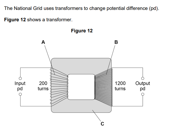 <p>2022: The input pd causes an alternating current<br>Explain why there is an alternating current in the output when the transformer is connected to a circuit (3)</p>