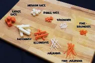 <p>• The procedure used when cutting something into a cube shape</p><p>• To properly dice foods to an even dimension, first cut it into even slices. The cut each slice into uniform julienne or <span>bâtonnet shapes.</span></p><p>You would then cut those into uniform cubes. Cut julienne cuts into cubes to form a brunoise cut, and cut bâtonnet shapes into cubes to form a small dice.</p>