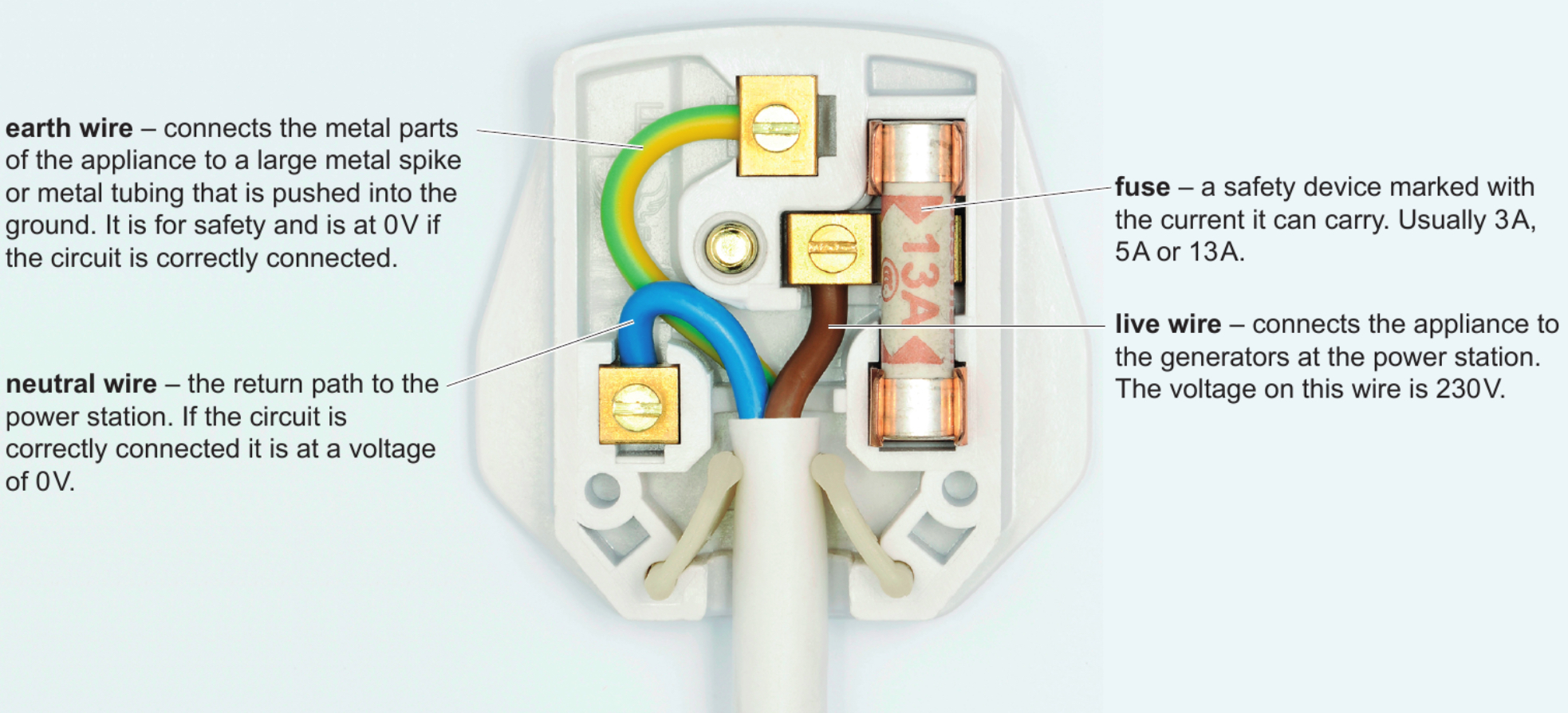 <ul><li><p>Three wires</p><ul><li><p>Brown = live</p></li><li><p>Blue = neutral</p></li><li><p>Green/Yellow = earth</p></li></ul></li><li><p>Fuse</p></li><li><p>Plastic insulation</p></li><li><p>Cable grip</p></li></ul><p></p>
