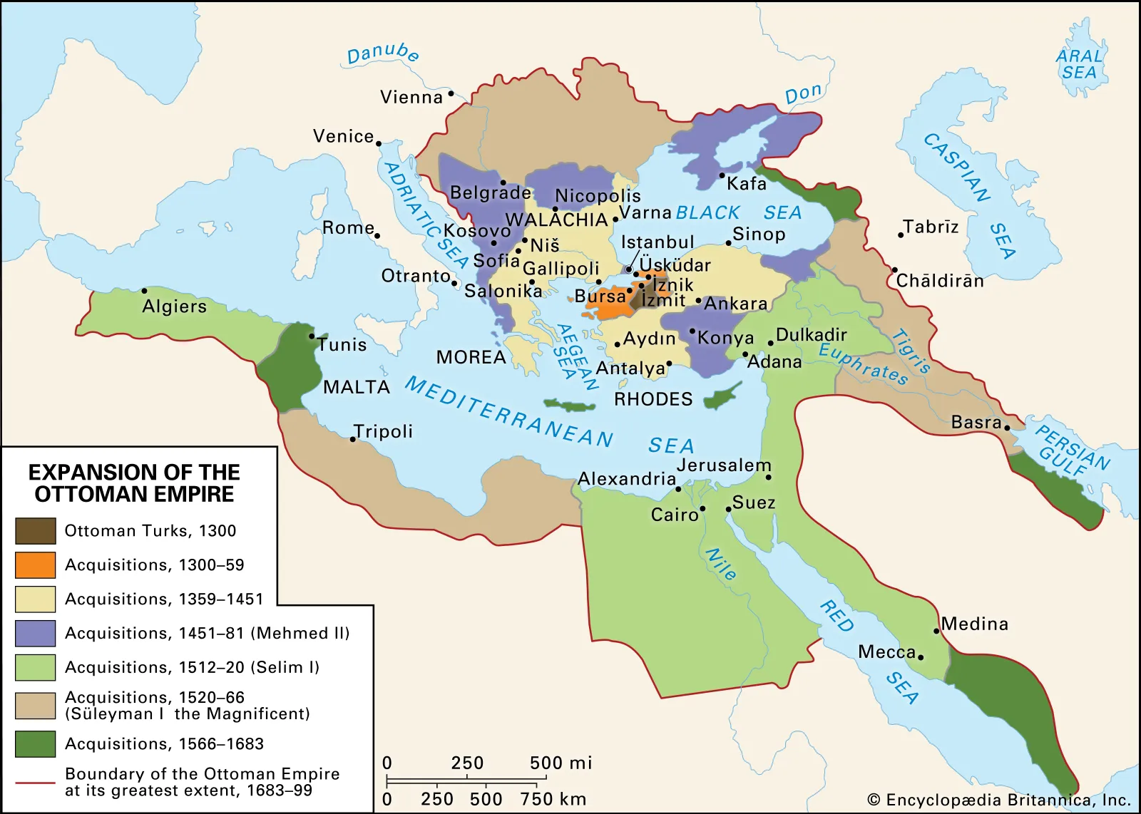 <ul><li><p>Peak: one of world’s great empires (Suleiman the Magnificent)</p><ul><li><p>Millets + Janissaries</p></li></ul></li><li><p>Turkey (Constantinple/Instabul)</p></li><li><p>Decline:</p><ul><li><p>Military defeats</p></li><li><p>Economic Strain</p></li><li><p>Weak sultans</p></li><li><p>Janissary problem</p></li><li><p>Nationalism</p></li></ul></li><li><p>Sick man of Europe</p></li></ul><p></p>