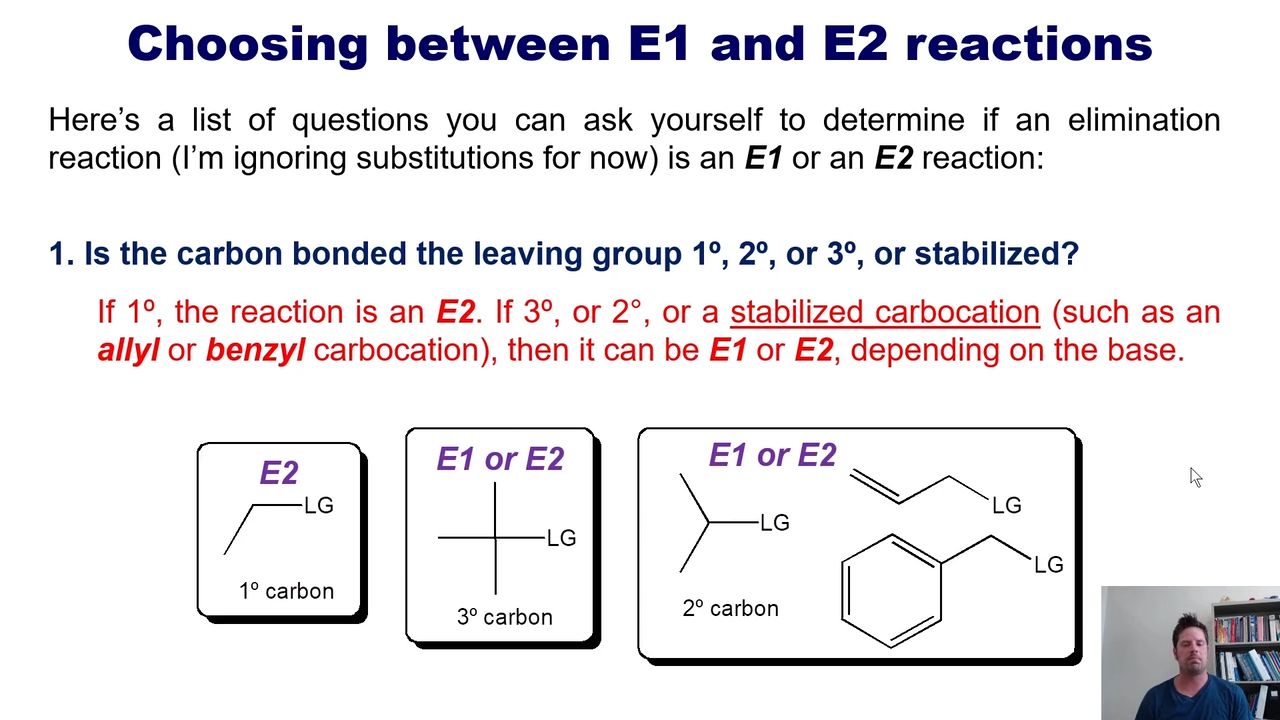 <p>primary-  E2</p><p>All the rest - E1 or E2</p><p></p><p>Strong base - E2 , Weak base E1</p>