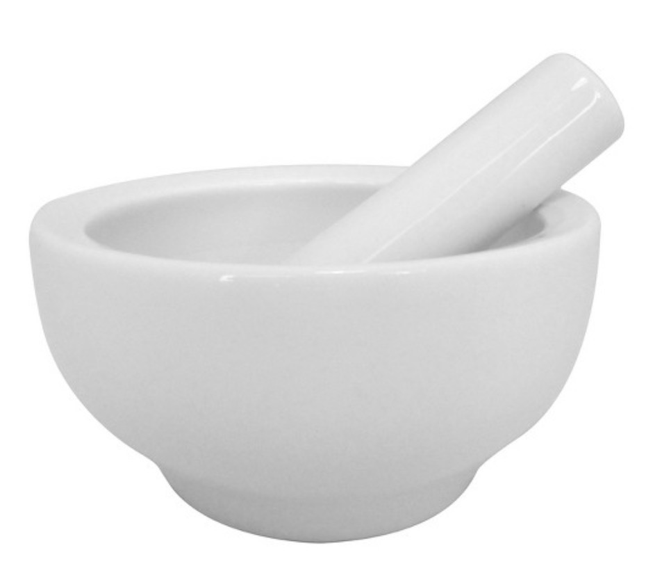 <p>Used to crush solids into powders; also serving as a symbol for pharmacies.</p>
