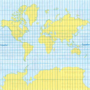 <p>A map projection that is useful for navigation because the lines connecting points on the map represent the true compass direction; however, landmasses become increasingly distorted the farther away they are from the equator</p>