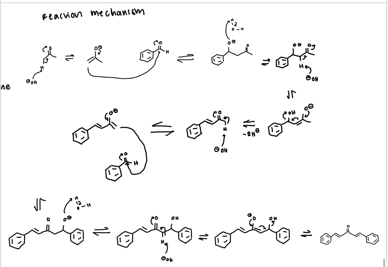 <p>first part: form the enolate or when the H gets eliminated to form that enolate</p><p>nucleophilic attack</p><ul><li><p>nucleophile will attack benzaldehyde to form the enol. then the alpha H in the middle will get eliminated to form a double bond near the once carbonyl. then rearrangement will happen to reform the carbonyl and kick off the OH</p></li></ul><p></p>